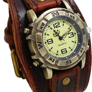 Bold Gothic Punk Cuff Watch: Black Brown Leather Fashion & Precision Timing